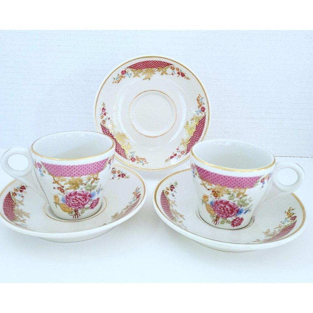 Vtg 5pc Mayer China USA Demitasse Espresso Tea Cup Saucer Pink Floral Gold Trim